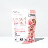 Front of Happy Munch Peach Paradise yogurt cluster packaging on a white background