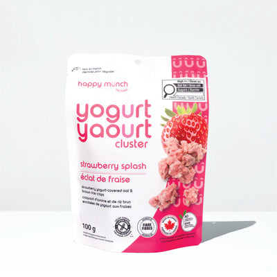 Front of Happy Munch Strawberry Splash yogurt cluster packaging on a white background