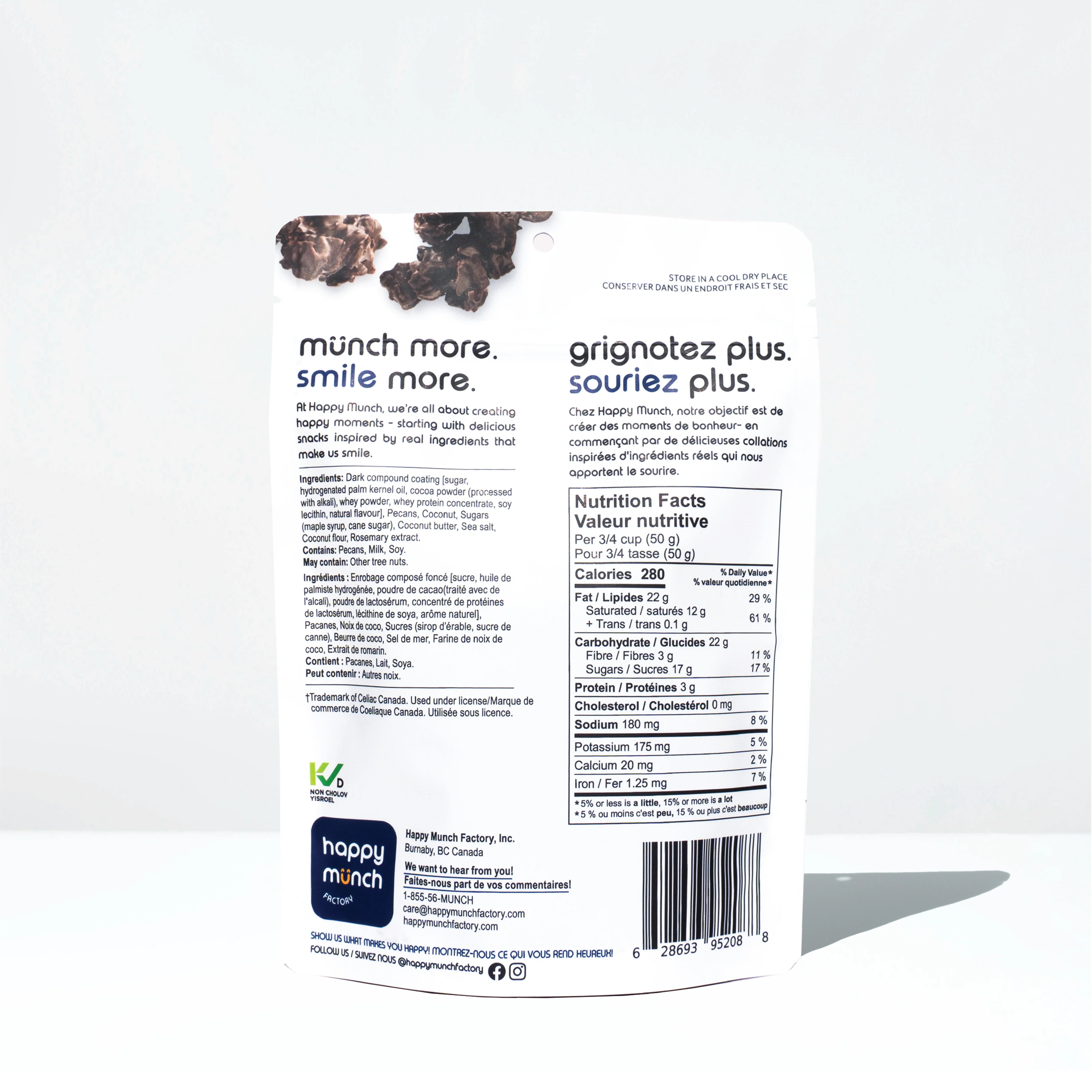 Back of Happy Munch Dark Choco Nuggets Chocolaty coated pecan and coconut clusters on a white background.