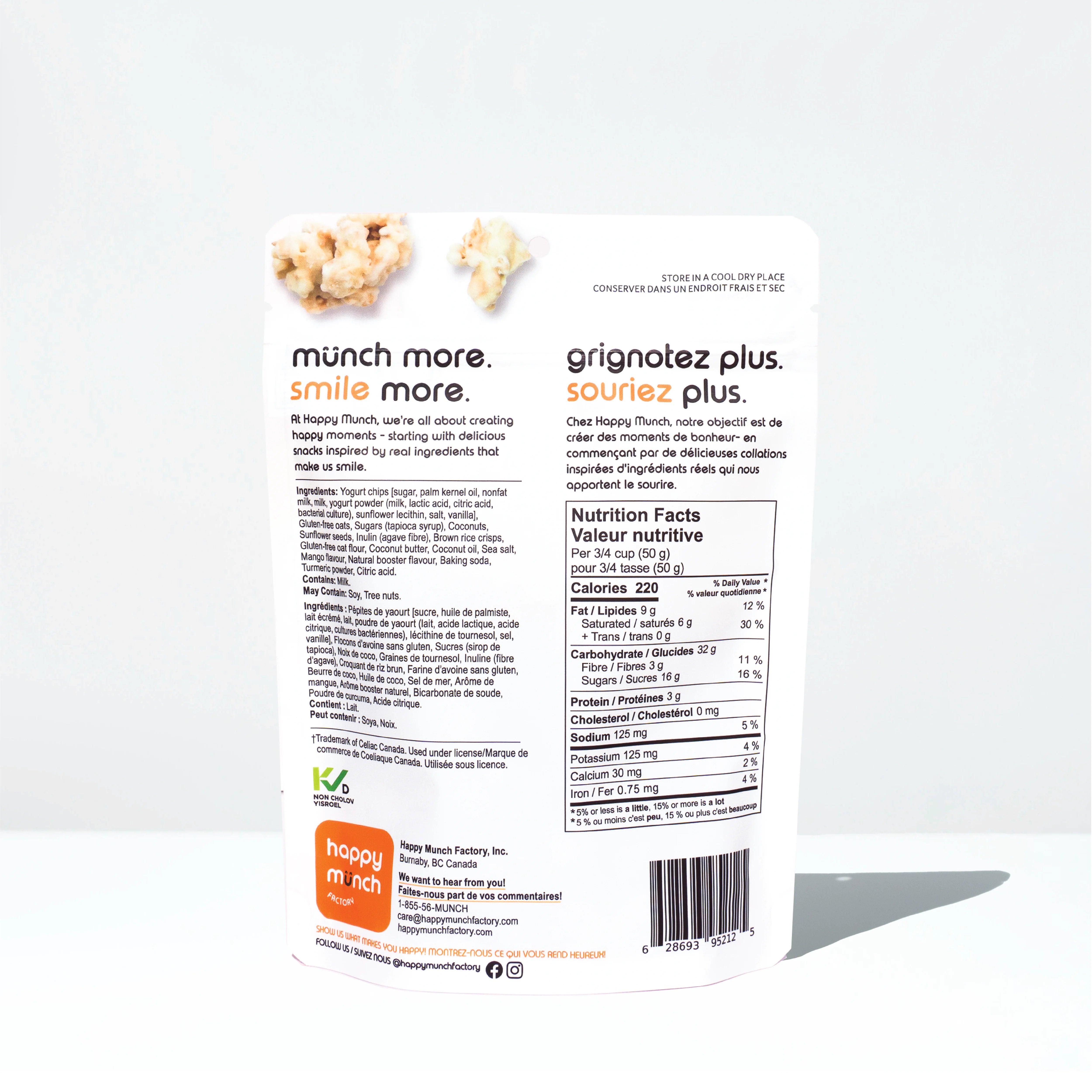 Back of a Happy Munchy Mango Mania oats and brown rice yogurt cluster packaging.