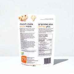 Back of a Happy Munchy Mango Mania oats and brown rice yogurt cluster packaging.