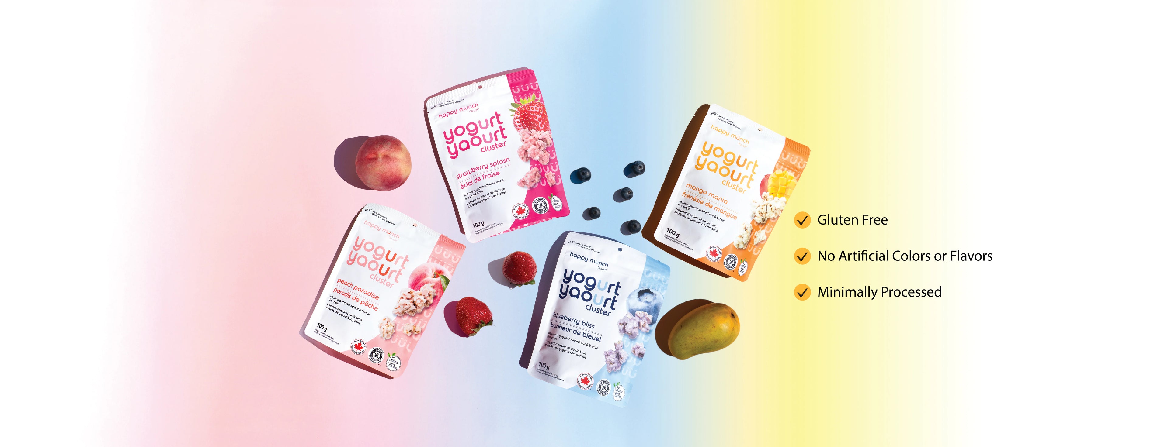 Happy Munch Yogurt Cluster pouches with fruit on a gradient background