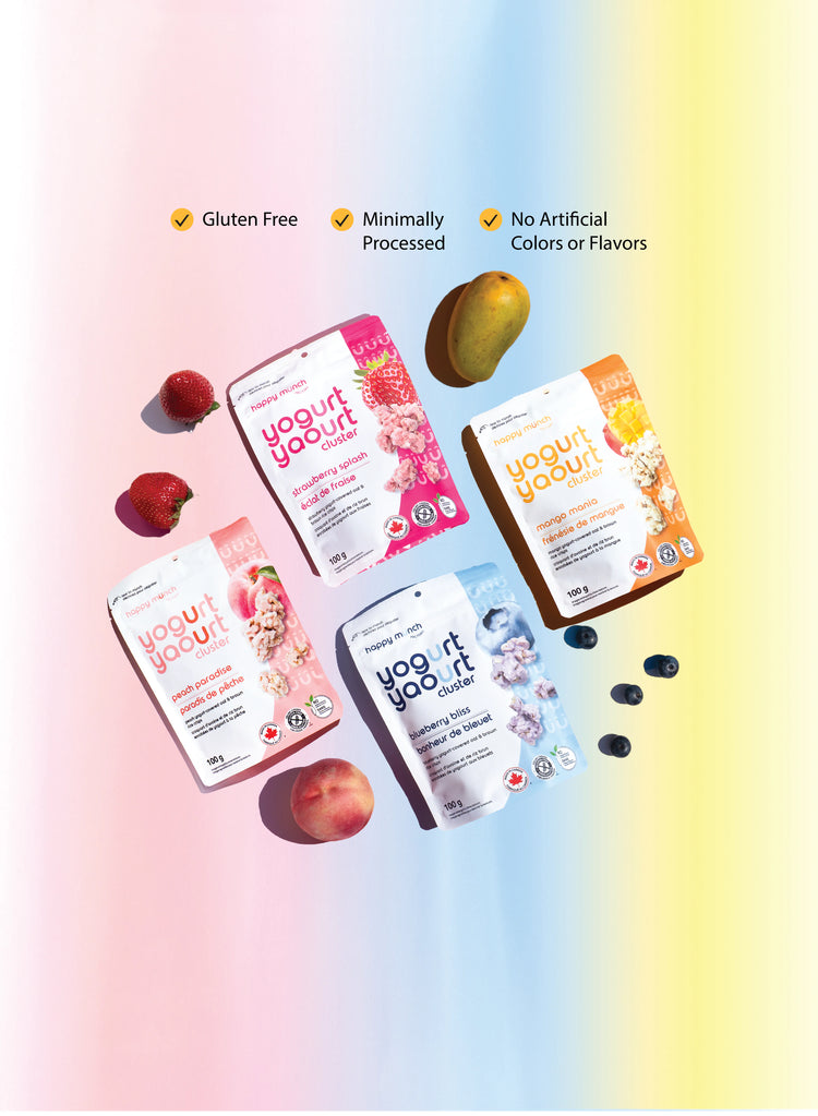 Happy Munch Yogurt cluster packaging with fruit on a gradient background